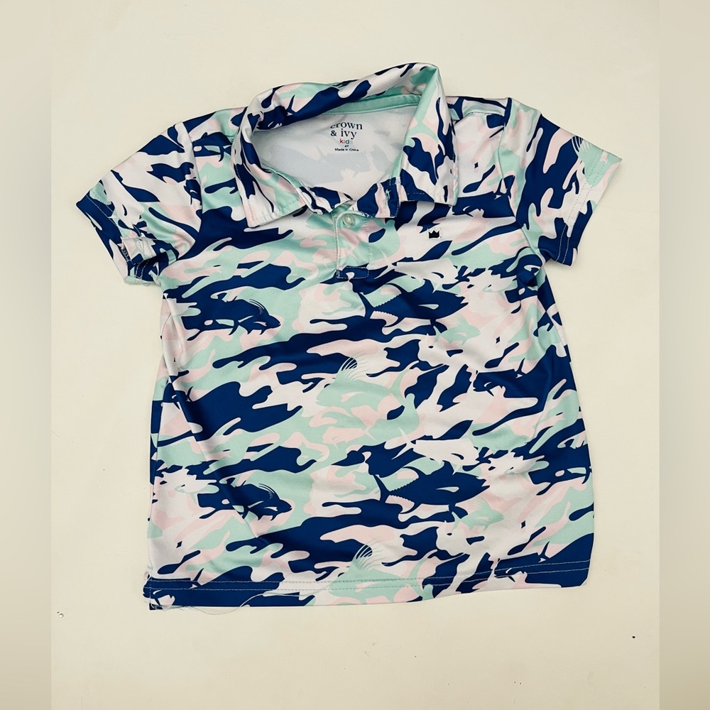 Crown&Ivy Kids Polo fishing camo print blue teal and pink 4T